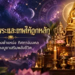 พระพุทธรูปทองบนหิ้งพระ พร้อมข้อความภาษาไทยเกี่ยวกับวิธีการจัดวางของศักดิ์สิทธิ์และการจัดวางเพื่อความมงคล.