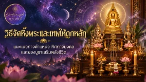 พระพุทธรูปทองบนหิ้งพระ พร้อมข้อความภาษาไทยเกี่ยวกับวิธีการจัดวางของศักดิ์สิทธิ์และการจัดวางเพื่อความมงคล.