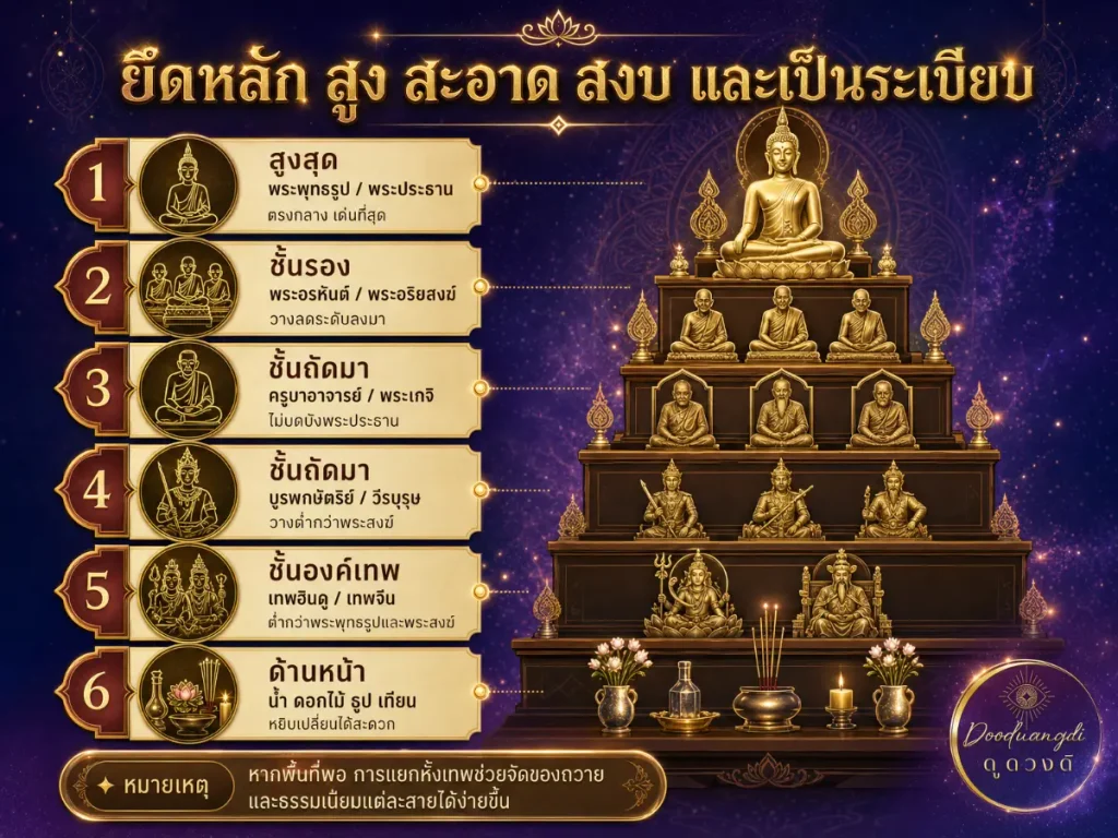 อินโฟกราฟิกที่แสดงโครงสร้างลำดับชั้น 6 ระดับสำหรับการจัดวางพระพุทธรูปและของศักดิ์สิทธิ์บนหิ้งพระ.