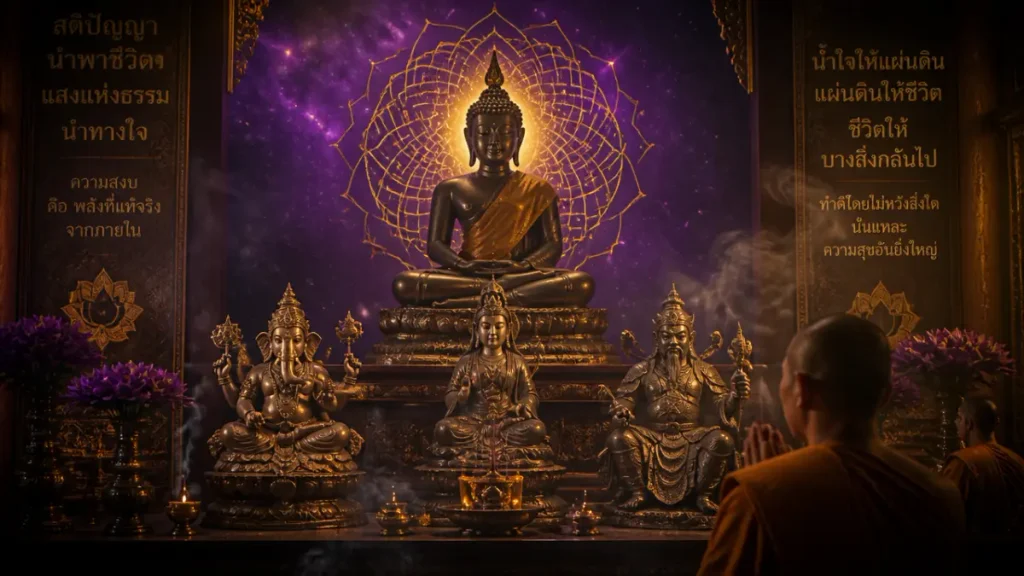 พระภิกษุกำลังสวดมนต์ต่อหน้าพระพุทธรูปและรูปเคารพอื่น ๆ ในวัดที่มีข้อความภาษาไทยบนผนัง.
