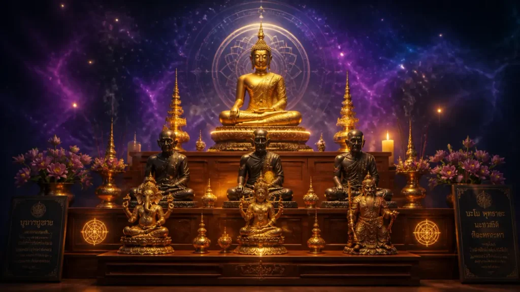พระพุทธรูปสีทองตั้งอยู่ตรงกลางหิ้งพระแบบหลายชั้น เหนือพระพุทธรูปขนาดเล็กและพระภิกษุ โดยมีพื้นหลังเป็นเนบิวลาสีม่วง.