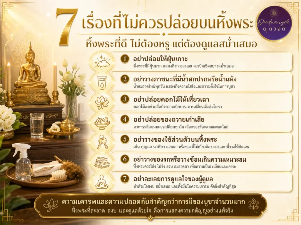 อินโฟกราฟิกที่มี 7 เคล็ดลับในการดูแลหิ้งพระที่บ้าน หรือ หิ้งพระ ซึ่งแสดงอยู่ข้างหิ้งพระที่สะอาด.
